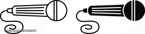 Handheld wired microphone icon set in black and white outline and solid styles for audio recording music podcast interface design
