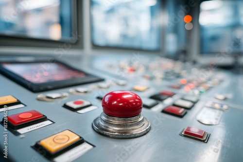 Large red emergency stop button on an industrial control panel, managing critical operations and automation