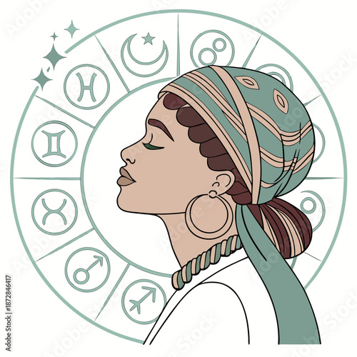 Mystical woman with zodiac symbols turban headscarf