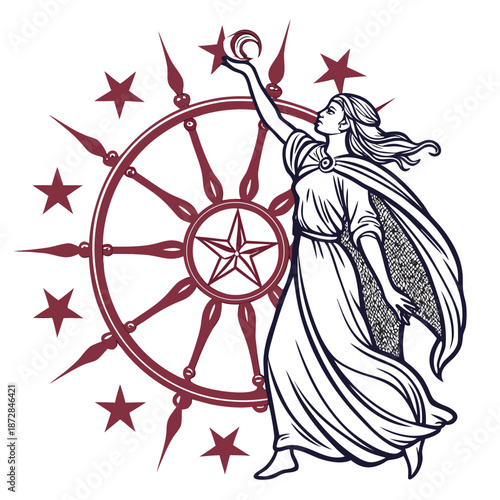 Celestial woman holding star in front of red wheel