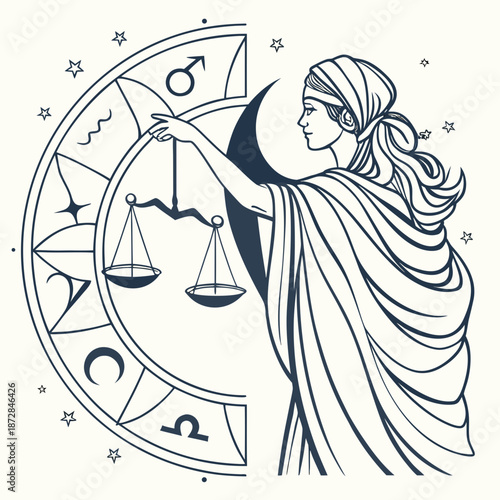 Mystical woman holding scales in front of zodiac wheel