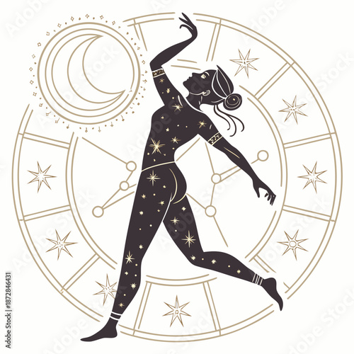 Astrology inspired female figure with constellation pattern and celestial symbols