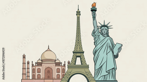 Famous landmark landmarks taj mahal eiffel tower statue of liberty illustration background