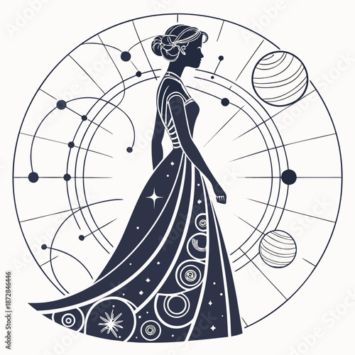 Woman in starry dress standing in front of celestial body diagram