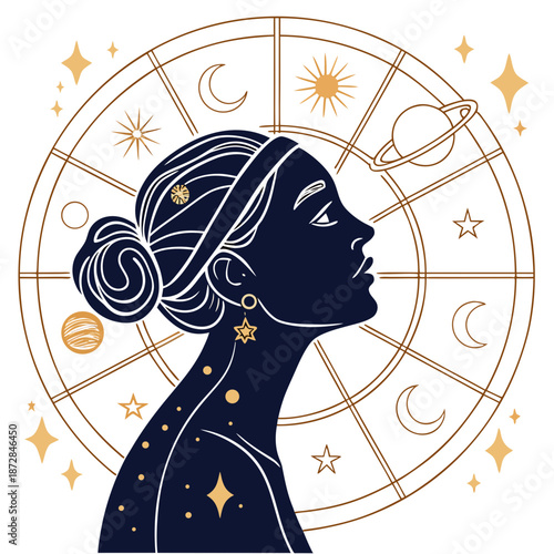 Astrology inspired female figure with celestial symbols and gold accents
