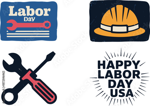 Four Labor Day graphics featuring tools and a safety hard hat