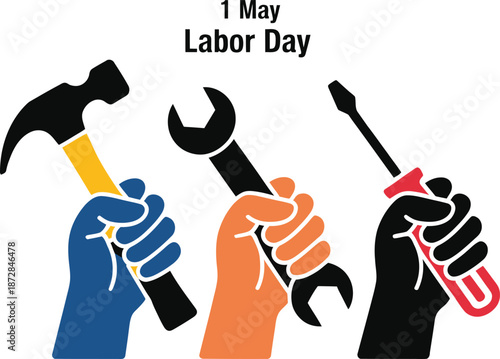 Flat design hands holding colorful tools with 1 May Labor Day text