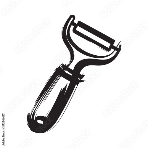 A simple black and white illustration depicting a kitchen peeler a tool for preparing food