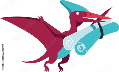 Pterodactyl carrying scrolls cartoon