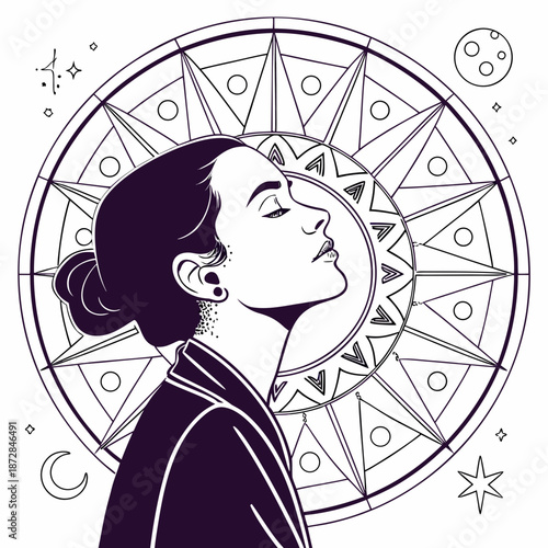 Calm woman centered in cosmic diagram with star pattern