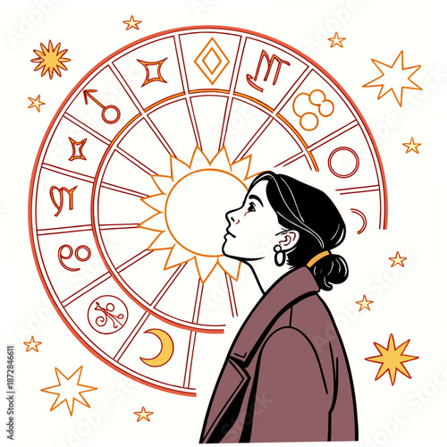 Woman surrounded by abstract horoscope wheel and celestial symbols