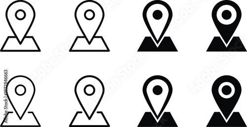Location pin marker icon set in outline and solid styles for maps navigation GPS UI vector symbols