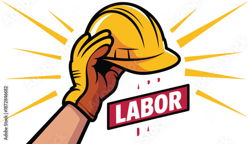 Gloved hand holding yellow construction hard hat for Labor Day