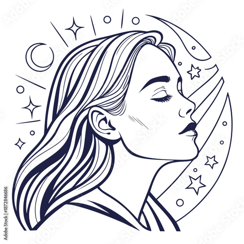 Mystical woman portrait with celestial and closed eyes