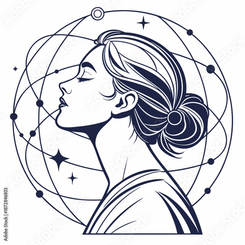 Woman with hair in bun surrounded by astrology orbital constellation lines and stars