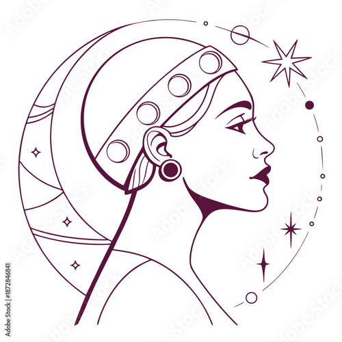 Minimalist purple line of woman's face surrounded by celestial bodies