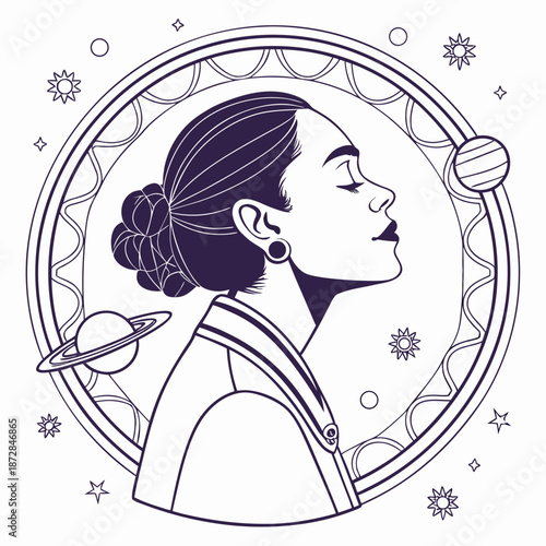 Woman with hair in bun surrounded by planets and stars