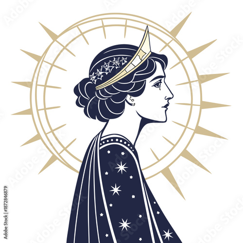 Celestial female character with starry cloak and sun symbol