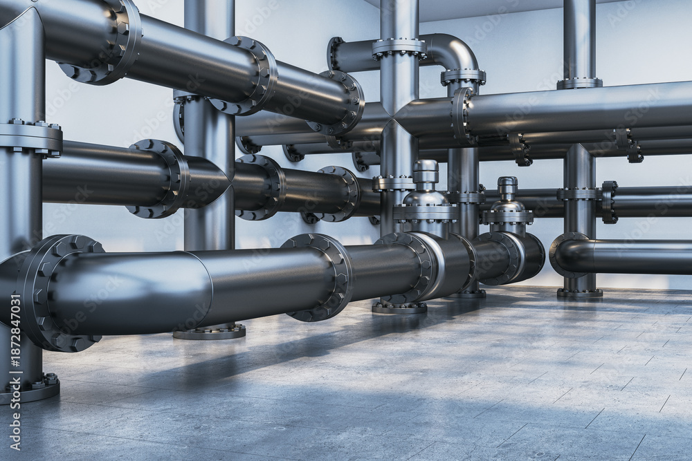 Fototapeta premium Industrial metal pipeline system with complex structure and reflections in a clean interior illuminated by soft ambient light background. 3D Rendering
