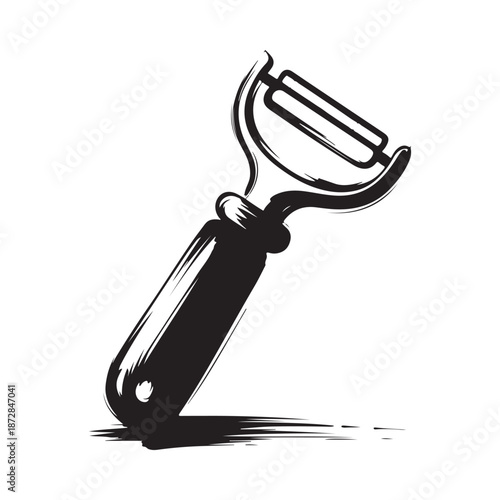 A simple black and white illustration of a kitchen peeler resting on a surface