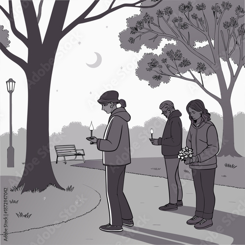 Grayscale of people holding candles and flowers in a park at night