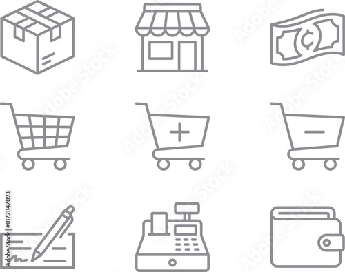 Minimal ecommerce line icon set featuring shopping cart store payment wallet checkout retail symbols for web mobile app interfaces