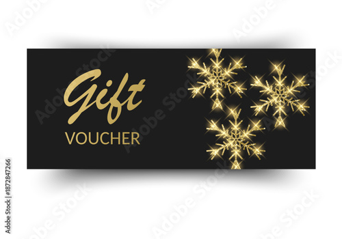 Elegant Black Gift Voucher with Golden Snowflake Design Sophisticated holiday gift card mockup isolated on white, perfect for premium brand promotions, Christmas seasonal sales, and luxury boutique in