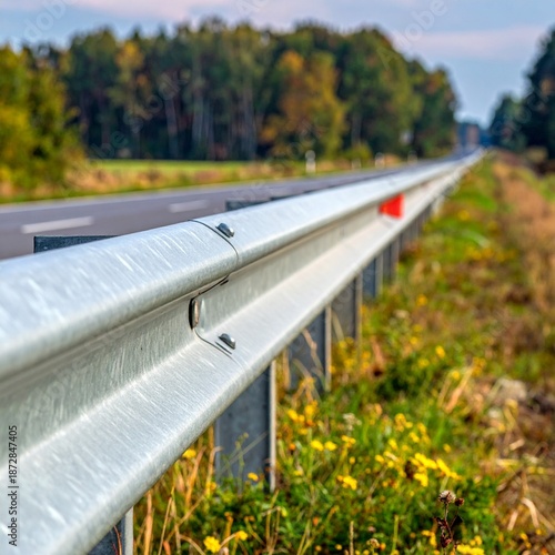 Close-up of a metallic guardrail along a highway road with green trees in the background.