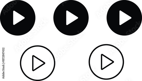 Minimal play button icon collection featuring black and white circular media controls for video player interface design web mobile apps