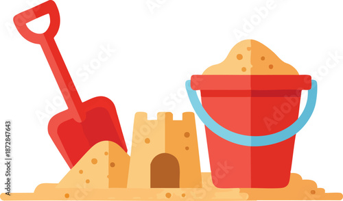 Sandcastle bucket and shovel on white background