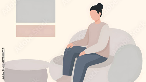 Minimal illustration of woman sitting on sofa in calm interior scene with soft pastel tones for wellness and lifestyle content