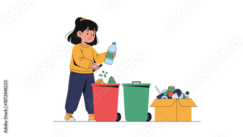 Little girl sorting plastic waste into recycling bins illustration