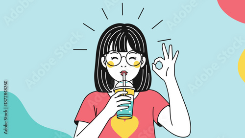 Girl with glasses drinking beverage making okay hand sign illustration