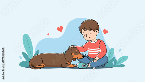 Boy petting dachshund dog with floating hearts illustration