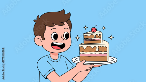Happy boy holding two tiered layer cake with cherry illustration