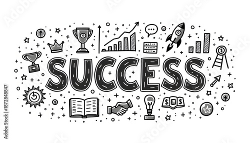 Success concept illustrated with black and white hand-drawn doodle icons of achievement, growth, and business development