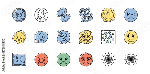 Vector line icons illustrating negative emotions anger, sadness, frustration, and stress. Abstract chaotic graphics symbolize distress and turmoil for design applications