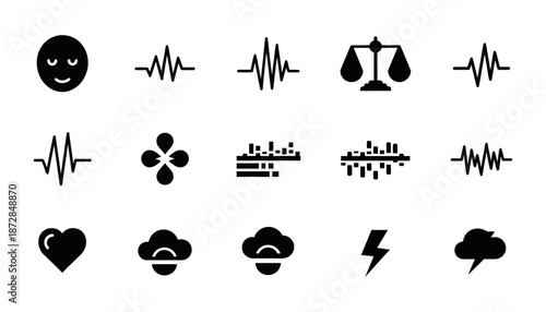 Collection of Icons Representing Emotions, Health, Balance, and Weather Phenomena