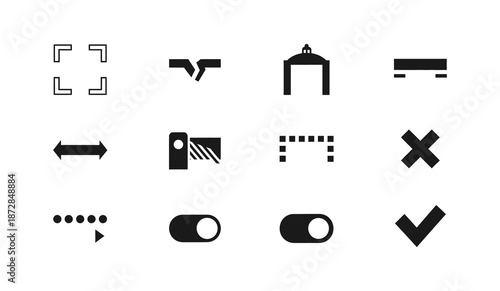 Set of icons representing various digital controls and actions including zoom, sliders, toggles, and confirmation symbols