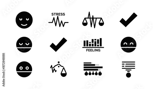 Comprehensive collection of minimalist black icons representing emotional states, stress, mental wellness, and data tracking for diverse conceptual designs