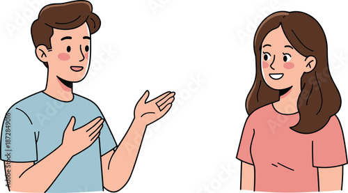 Smiling young man and woman having friendly conversation illustrating communication dialogue trust relationship interaction in modern flat vector illustration style