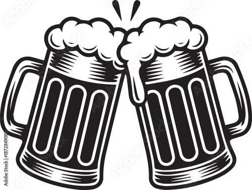 Two beer mugs are shown clinking together in a celebratory moment