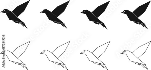 Flying bird silhouettes and outline icons, minimalist avian clipart set for nature designs, wildlife logos, and tattoo graphics