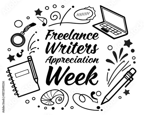 Freelance Writers Appreciation Week Illustration, Writer Desk with Laptop and Creative Tools Vector Isolated on White