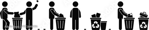 Trash disposal icons, recycling people symbols, waste management stick figures, eco cleanup trash bin clipart for sustainability designs