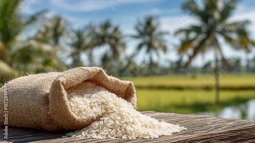 Sacked rice spilling onto a wooden surface with palm trees in background
