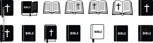 Bible icon set with crosses and open scripture designs, religious holy book clipart for church, faith, and Christian projects