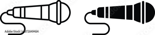 Wired handheld microphone icon set in black and white outline and solid styles for audio recording music podcast interface design