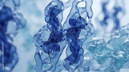 Close-up 3D rendering of a blue molecular structure, possibly a protein or DNA helix, against a blurred background of similar biological forms.