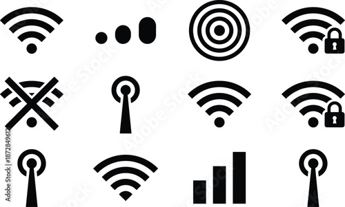 Wireless wifi signal icon collection showing network strength security connectivity antenna data transmission symbols for technology interface and app design